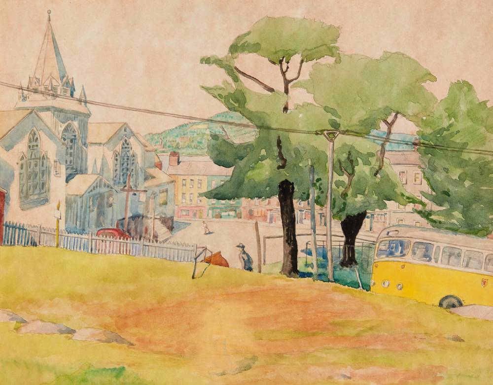 VILLAGE SCENE WITH CHURCH AND BUS, 1937 by Harry Kernoff RHA (1900-1974) at Whyte's Auctions