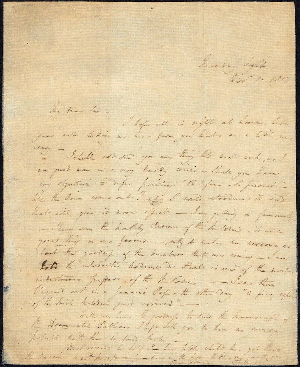1813 (1 November) letter from Thomas Moore to his publisher. at Whyte's Auctions