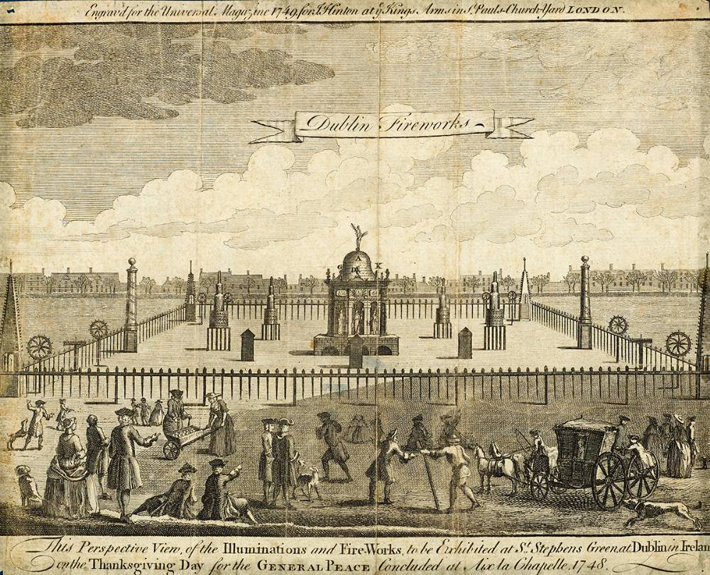 1748. Dublin Fireworks at St. Stephen's Green to celebrate the Peace of Aix la Chapelle, engraving. at Whyte's Auctions