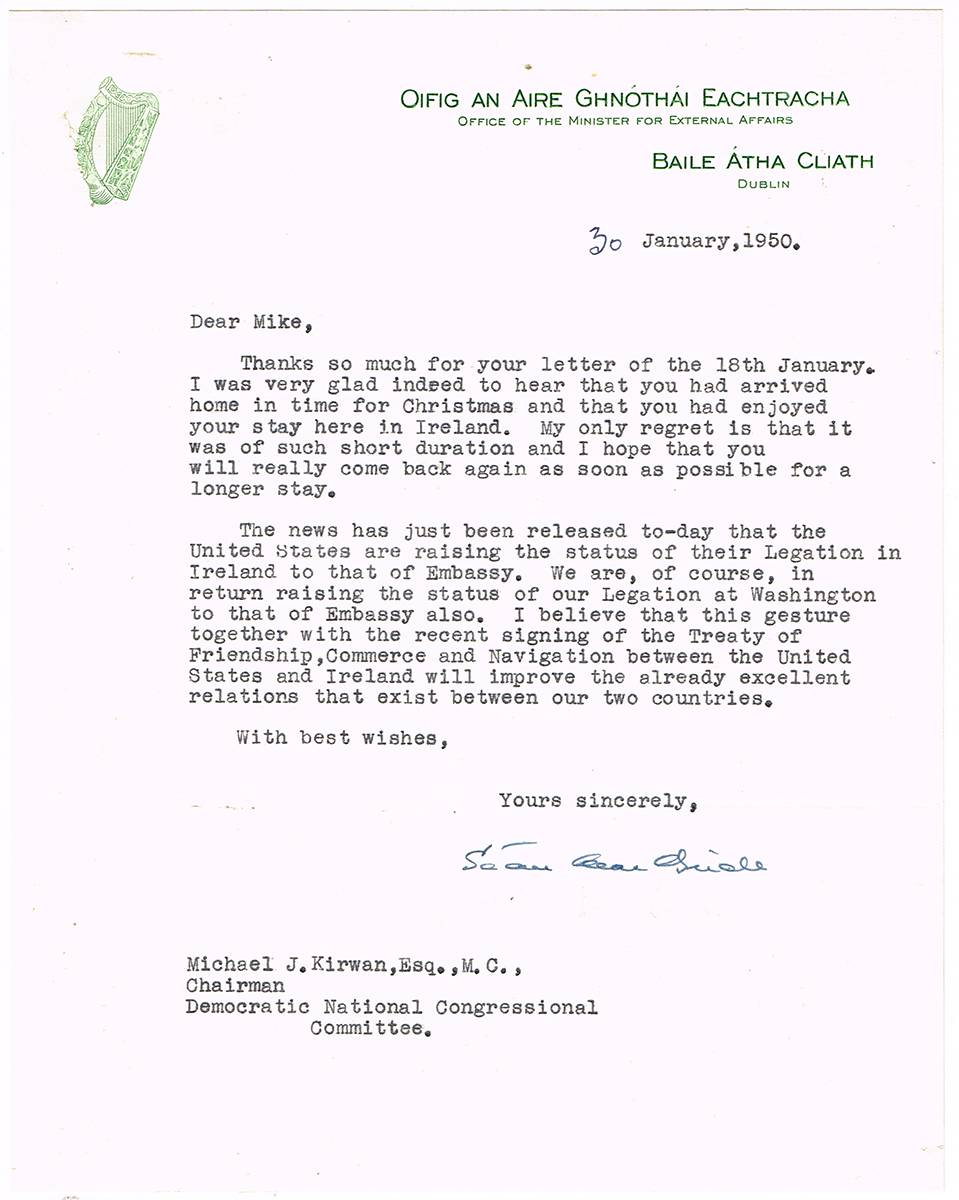 1950 (30 January) letter from Sen MacBride to Chairman of Democratic National Congressional Committee, USA. at Whyte's Auctions