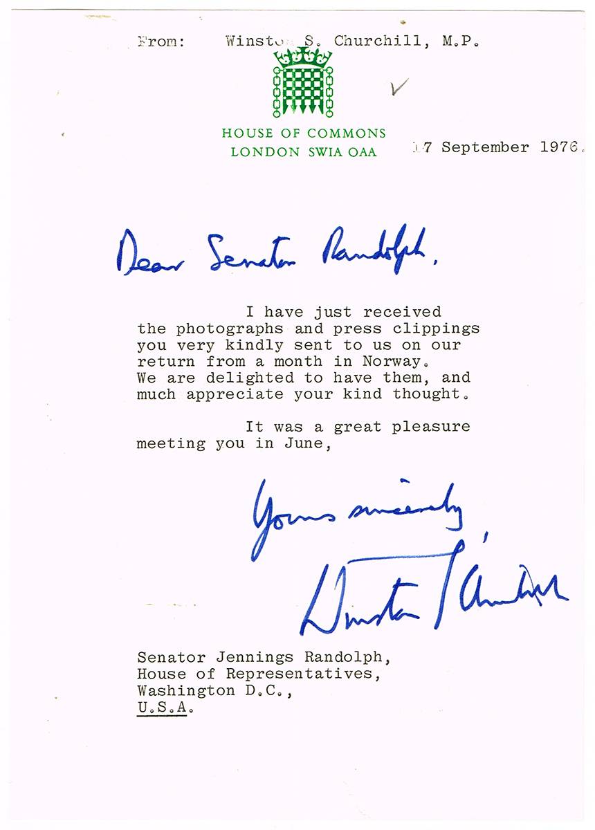 1976 (7 September) letter from Winston Churchill MP to Senator Randolph at Whyte's Auctions