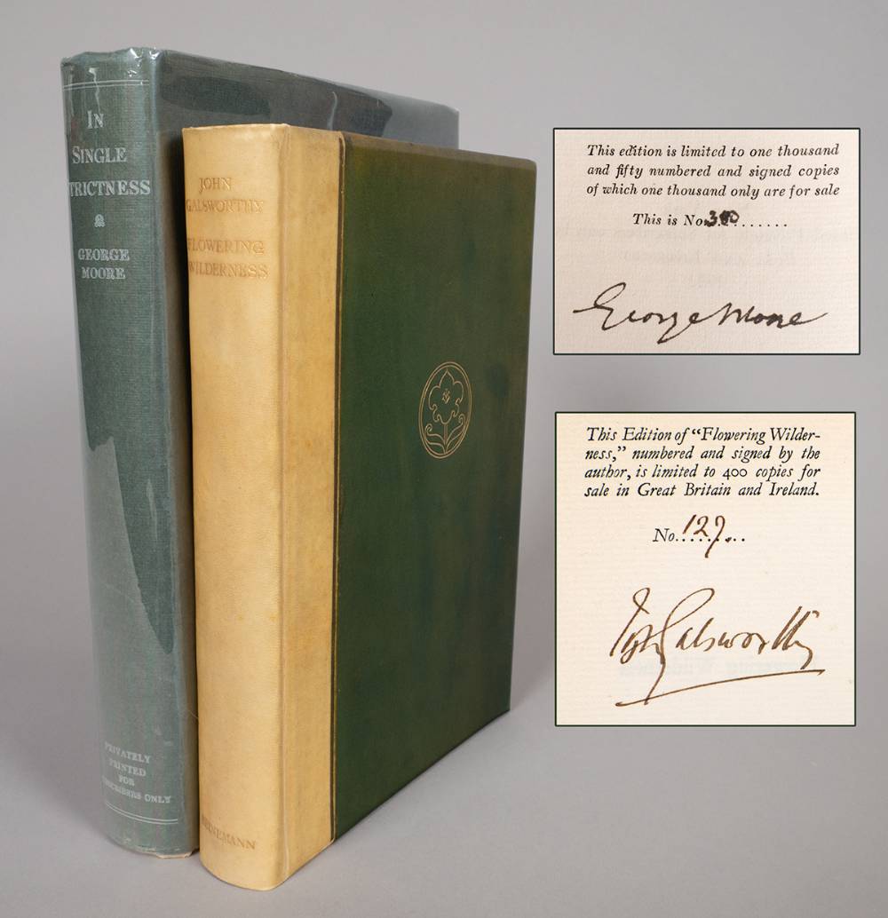 Moore, George, In Single Strictness; and Galsworthy, John, Flowering Wilderness. Signed limited editions. at Whyte's Auctions