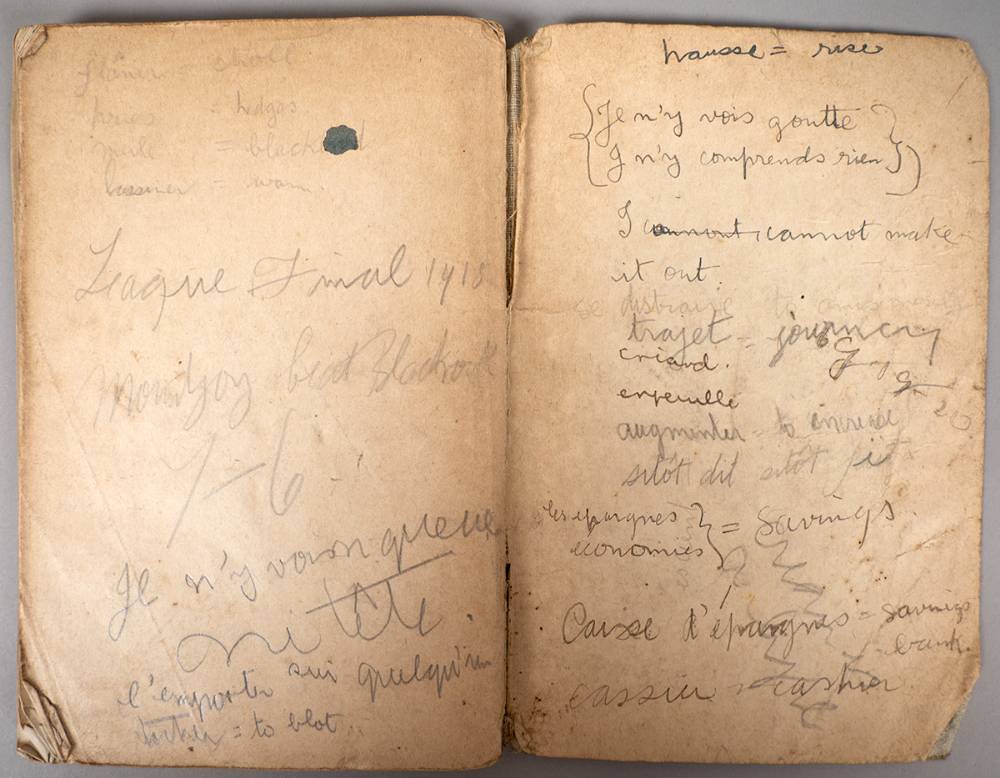 Kevin Barry's schoolbook on French, signed 'K. Barry, Loyalist of Irish Republic'. at Whyte's Auctions