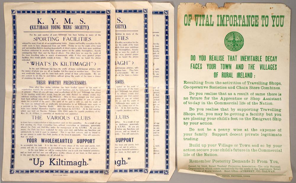 1940s to1950s Kiltimagh Pork Buyers, Young Men Society and anti 'Travelling Shops' posters. at Whyte's Auctions