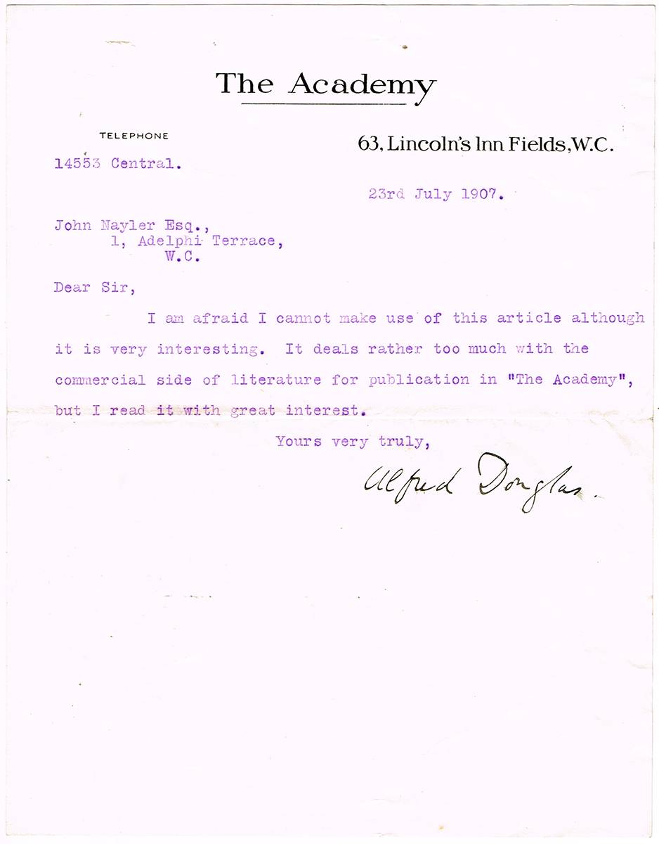 Lord Alfred Douglas signed letter at Whyte's Auctions