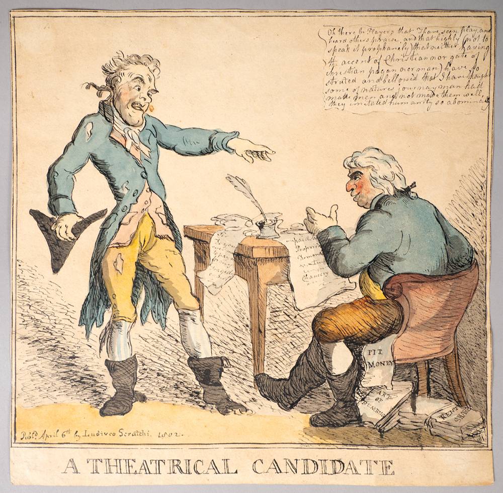 1802. A Theatrical Candidate cartoon by Thomas Rowlandson (1756-1827), original drawing of Richard Brinsley Sheridan. at Whyte's Auctions