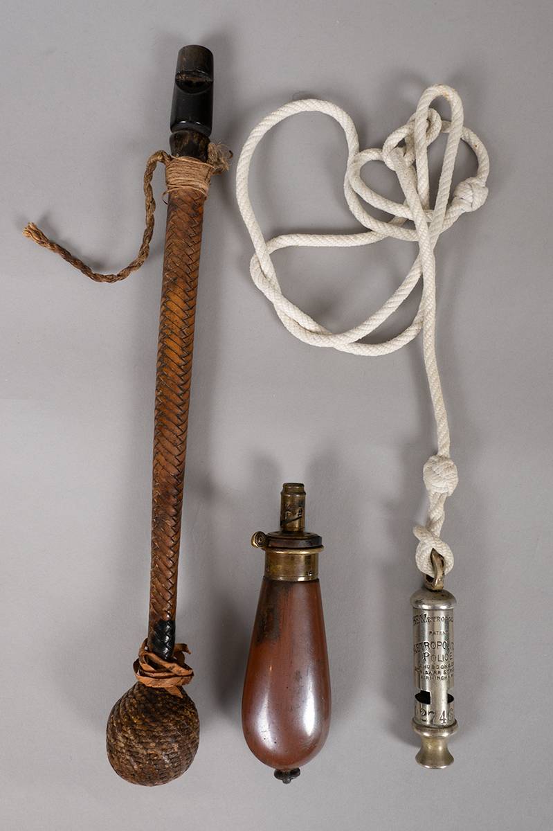 19th century gunpowder flask, cosh and police whistle. at Whyte's Auctions