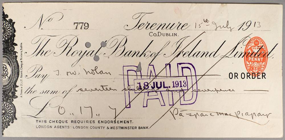 Pdraig Pearse signature on his cheque, 1913 at Whyte's Auctions