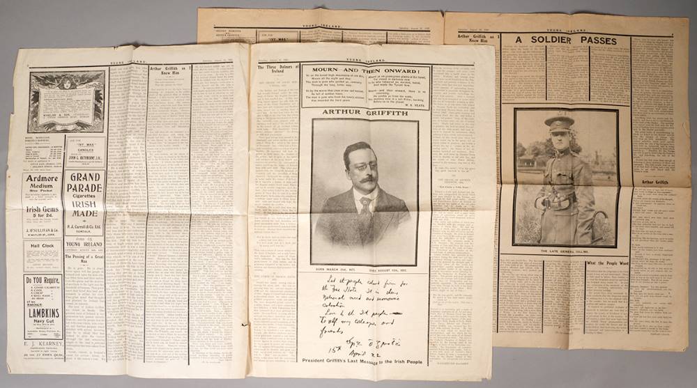 1922 (19 & 26 August. Young Ireland newspapers with reports of the deaths of Arthur Griffith and Michael Collins at Whyte's Auctions
