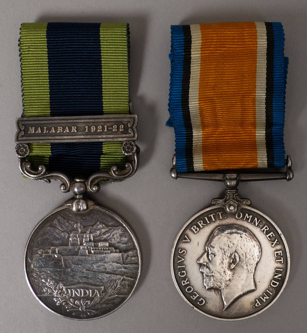 1914-19 World War I War Medal and India General Service Medal with MALABAR 1921-22 bar to a Leinster Regiment soldier at Whyte's Auctions