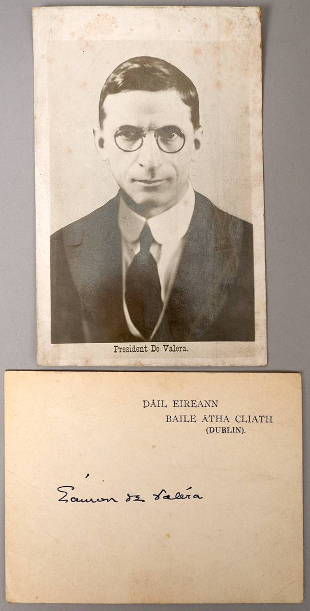 1919. Eamon de Valera, President of Dil ireann, photographic postcard and signed card. at Whyte's Auctions