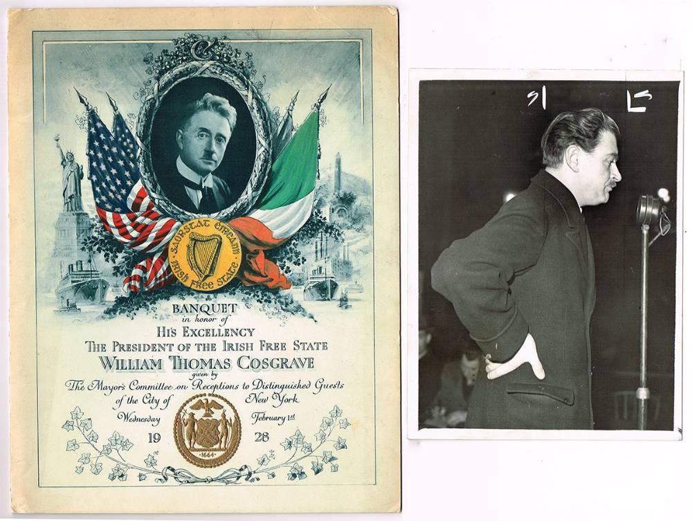 1928 (1 February) President W.T. Cosgrave's visit to the USA, New York Lord Mayor Banquet menu, also photographs of his son, Liam Cosgrave. at Whyte's Auctions