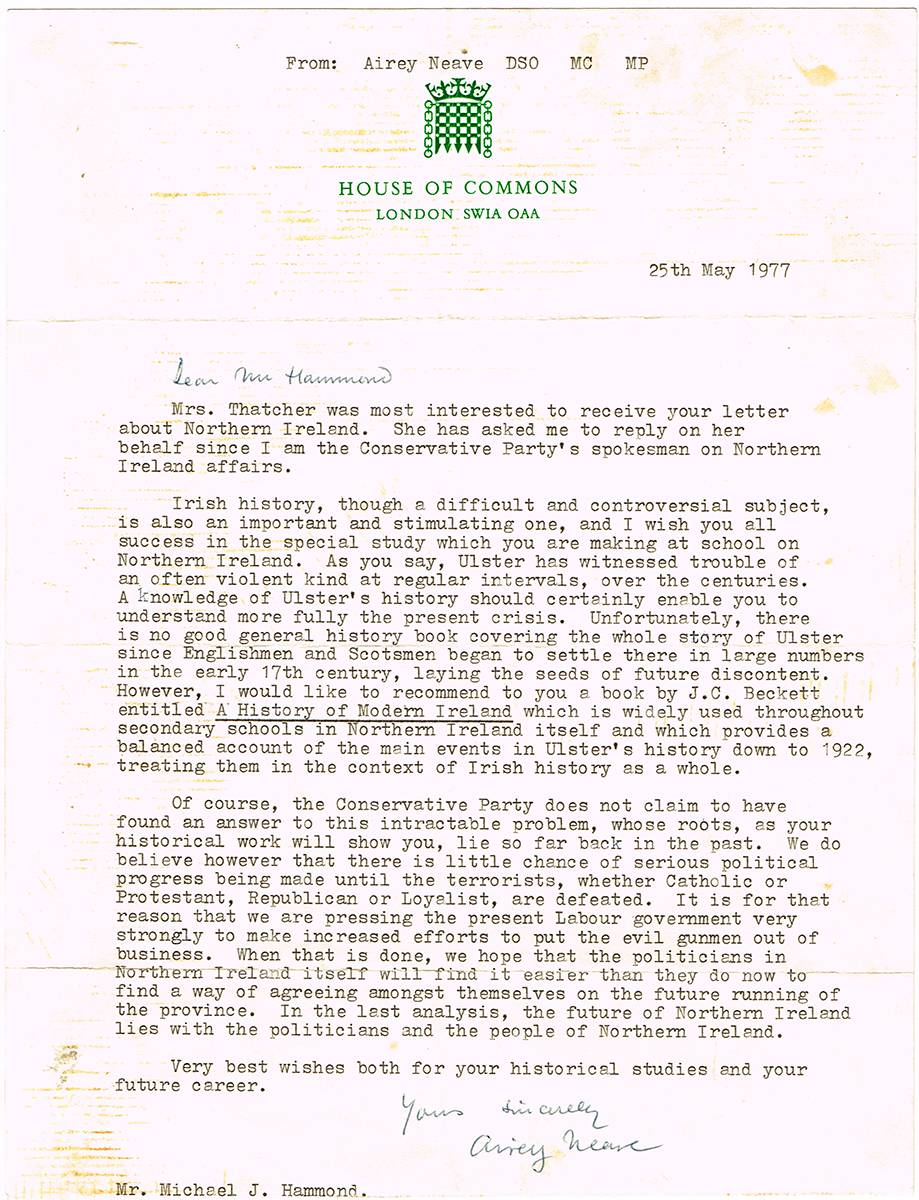 1977 (25 May) letter from Airey Neave on Northern Ireland. at Whyte's Auctions