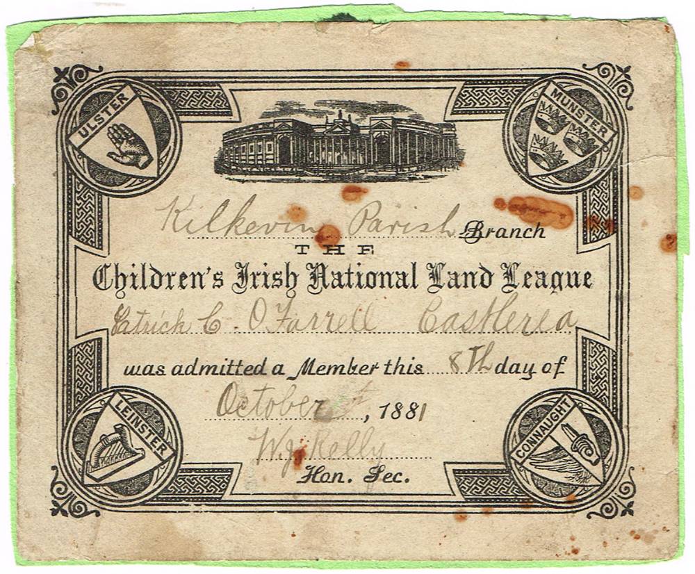 1881 (8 October) Children's Irish National Land League membership card. at Whyte's Auctions