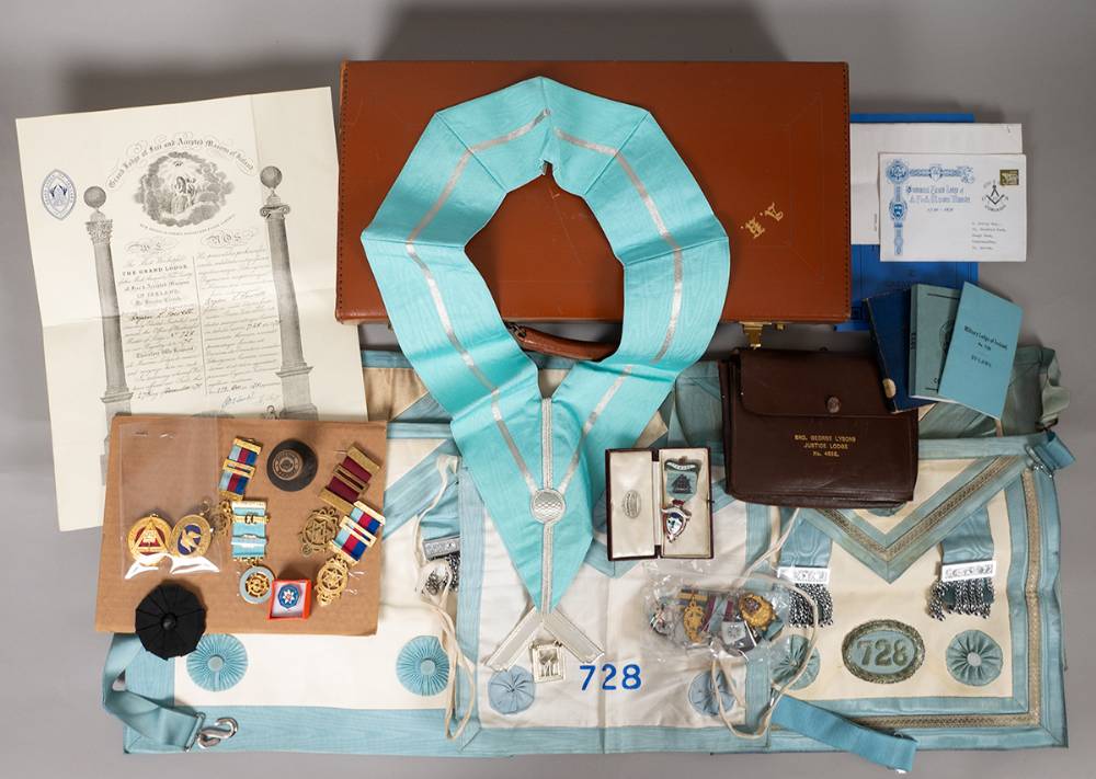 Freemasonry collection including aprons, tokens, jewels, certificates, bye-laws, etc. at Whyte's Auctions