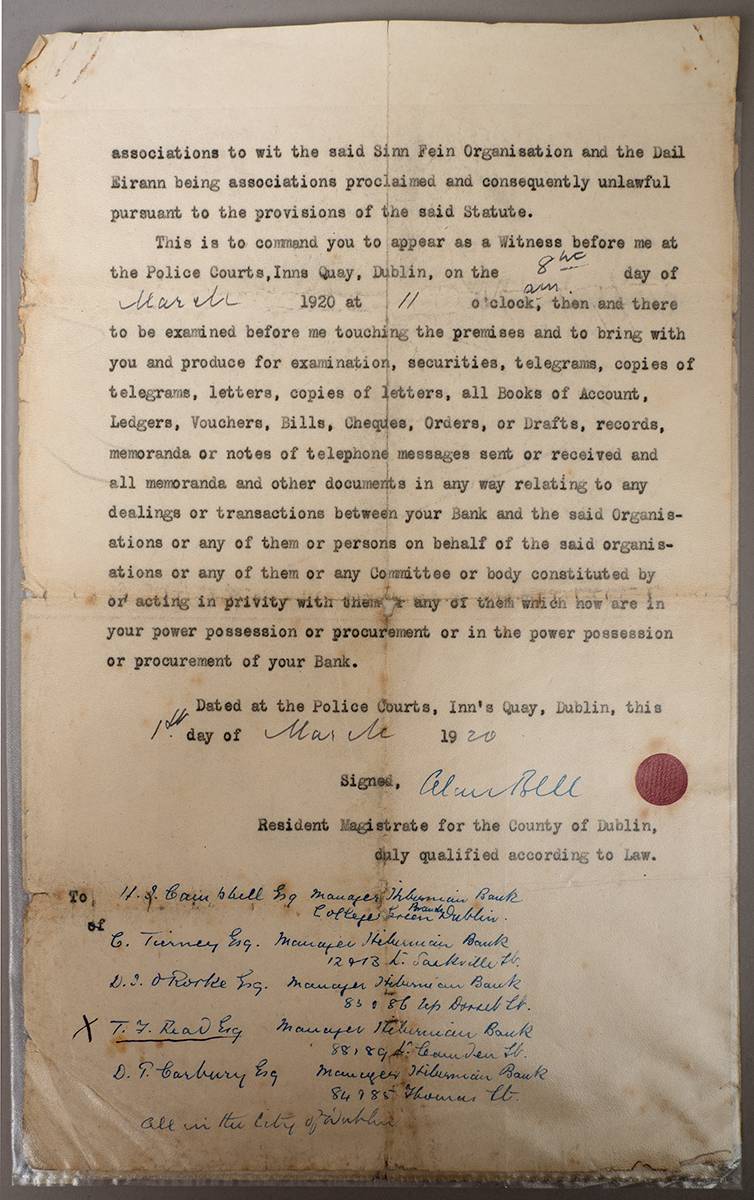 1920 (1 March) Summons to Hibernian Bank managers to hand up records of bank accounts of Sinn Fin and other organisations. at Whyte's Auctions