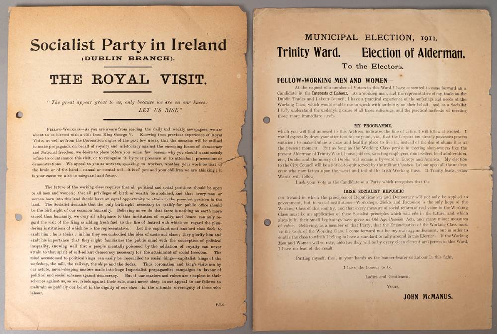1911.  Socialist Party in Ireland calling for a boycott of King George V's visit to Ireland, and a Municipal Election pamphlet at Whyte's Auctions