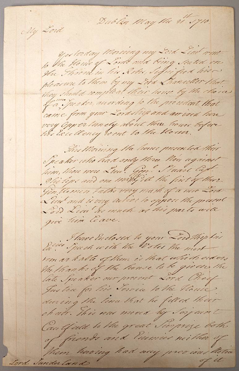 1710 (21 May) letter from Joseph Addison, Secretary to the Lord Lieutenant of Ireland regarding Irish politics. at Whyte's Auctions