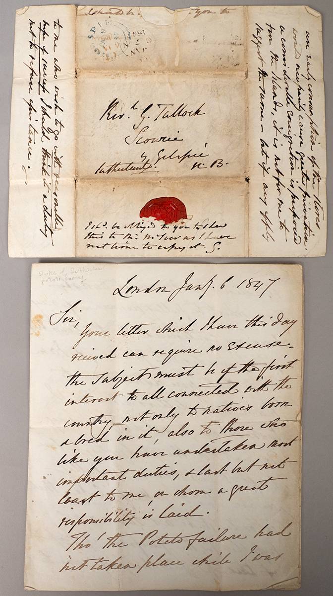 1847 (January 7 and 25 March) letters from the Duke of Sutherland concerning the potato blight and the famine. at Whyte's Auctions
