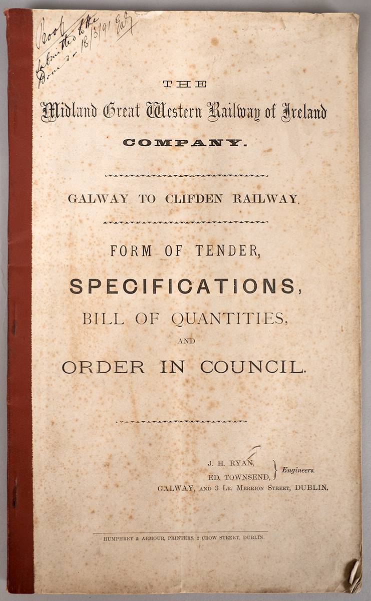 Galway to Clifden Railway. Tender document, 1890. at Whyte's Auctions