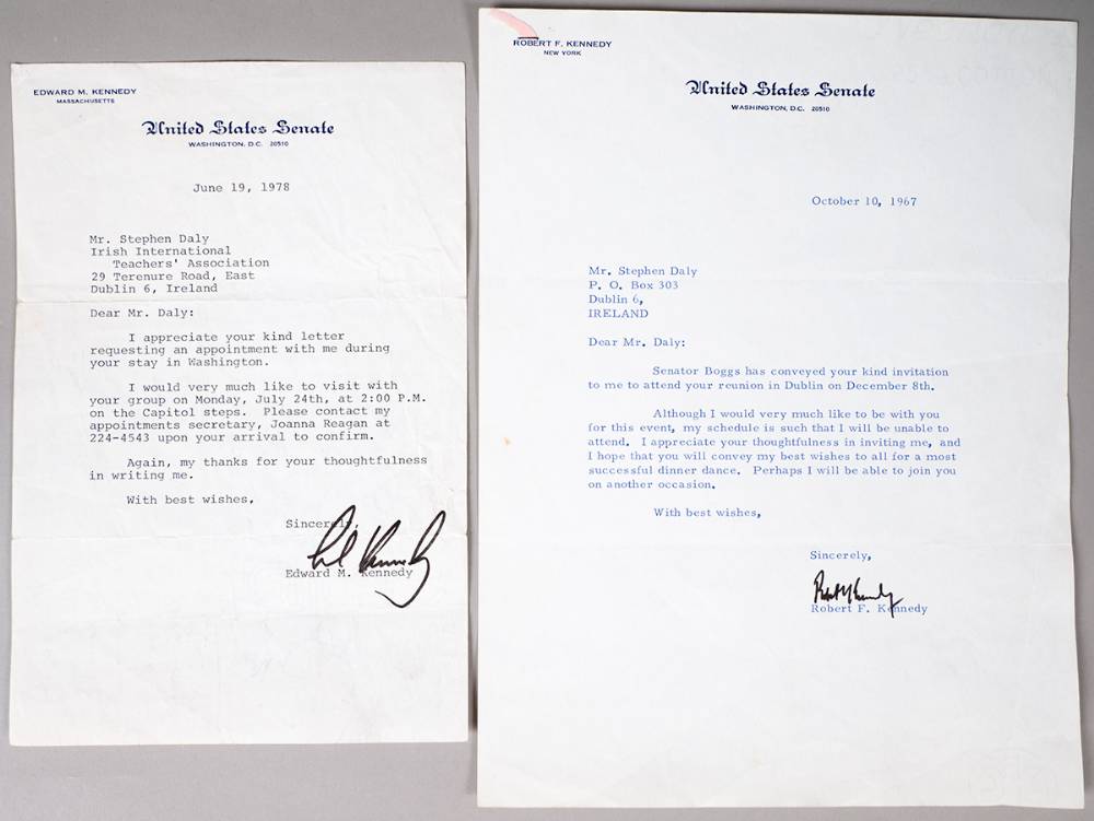 1967 letter signed by Senator Robert F Kennedy and 1978 signed by Senator Edward M. Kennedy, and other Kennedy memorabilia, at Whyte's Auctions