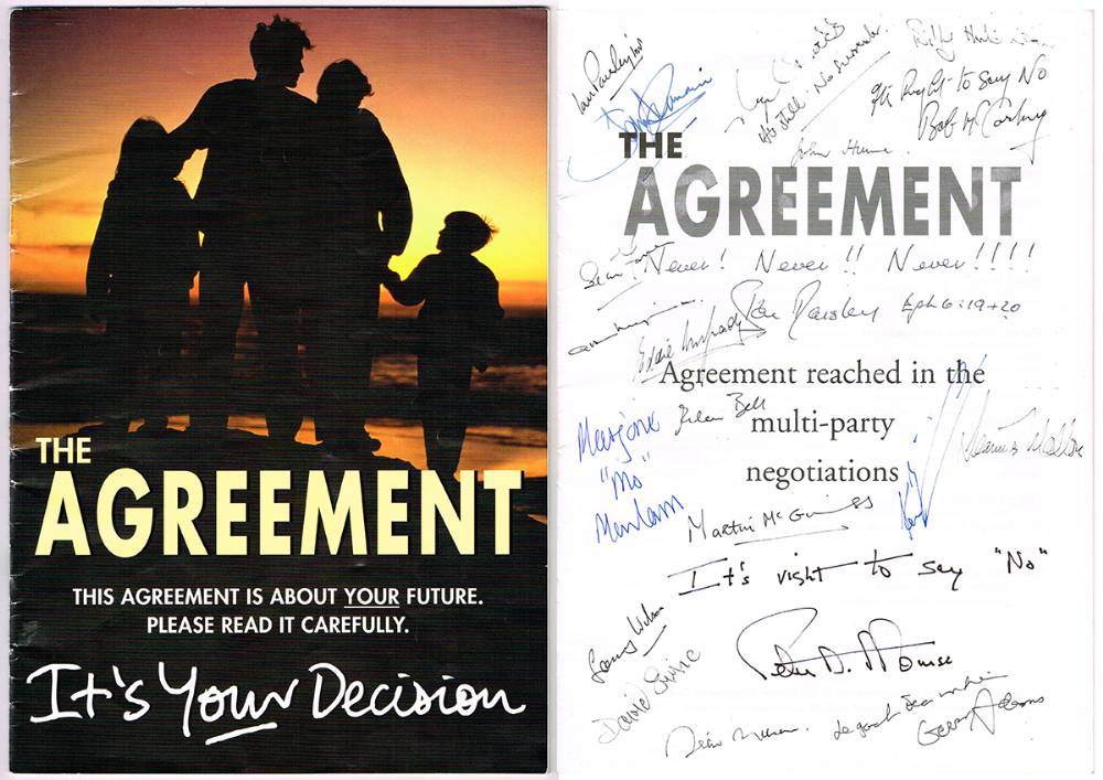 1998. The Belfast Agreement - the public edition signed by various politicians, some with negative comments.. at Whyte's Auctions