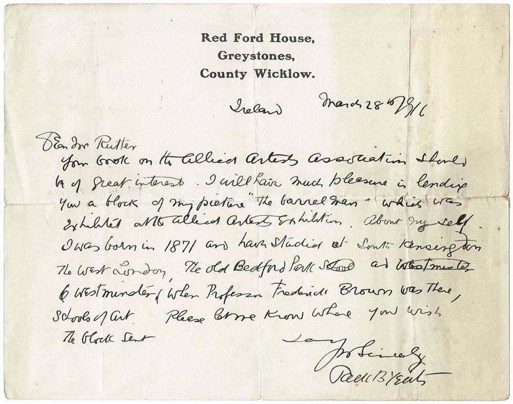 1916 (28 March) Jack Butler Yeats handwritten letter regarding one of his pictures. at Whyte's Auctions