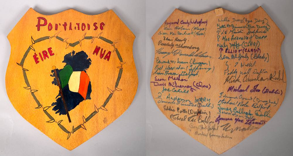 1974. Port Laoise Prison, ire Nua  plaque signed by prisoners including Martin McGuinness, Joe Cahill and Gerry O'Hare. at Whyte's Auctions