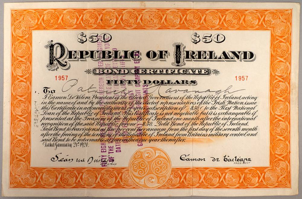 1920 (21 January) Republic of Ireland Fifty Dollars Bond Certificate at Whyte's Auctions