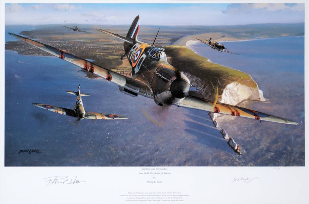 1939-1945. Limited edition prints of  Spitfires and a Lancaster, signed by veteran RAF fliers who served in World War II at Whyte's Auctions