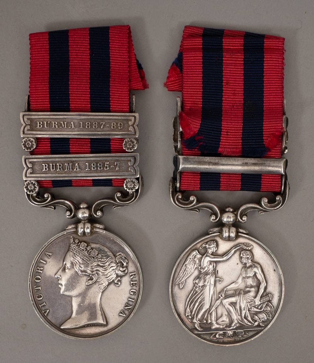 1885-1889. Indian General Service Medal, Burma 1885-7 & Burma 1887-89 clasps to a Royal Munster Fusilier at Whyte's Auctions