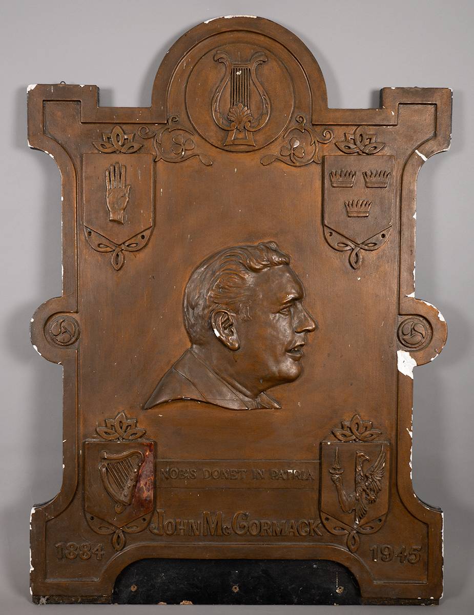 1945. A large plaster plaque commemorating Count John McCormack at Whyte's Auctions