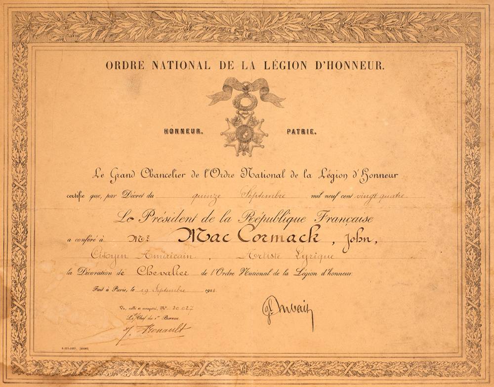 1924 (19 September). Chevalier de la Legion d'Honneur certificate to John McCormack. at Whyte's Auctions