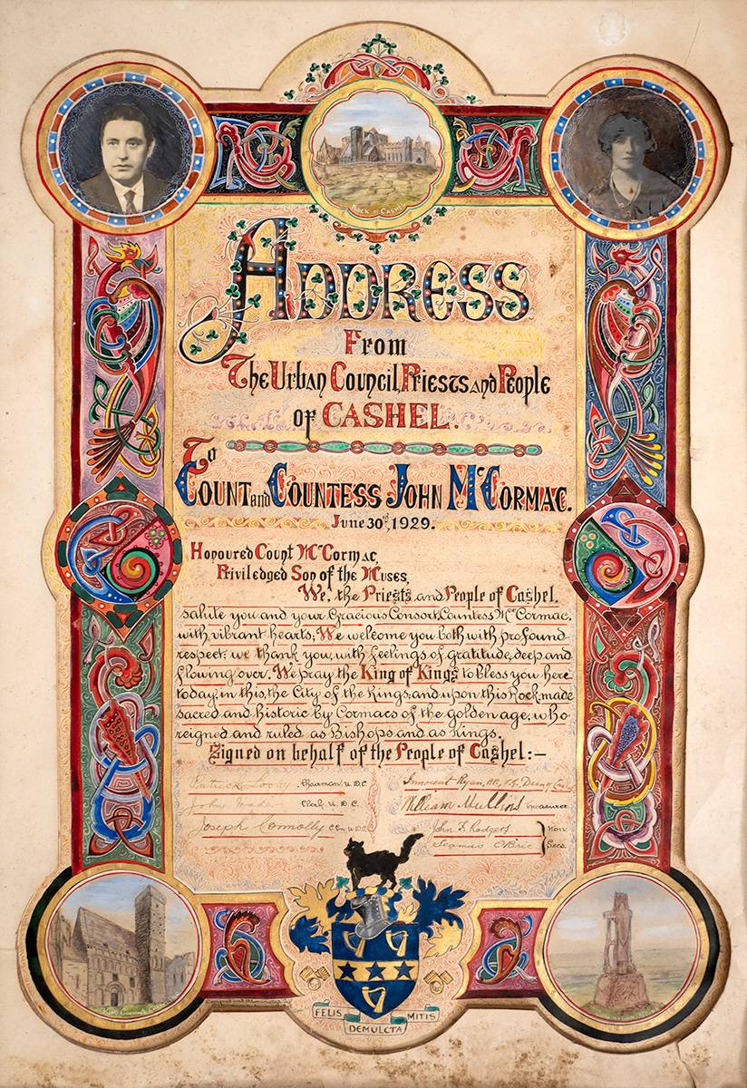 1929 (30 June) Illuminated address to 'Count and Countess John McCormac' from 'The Urban Council, Priests and People of Cashel'. at Whyte's Auctions