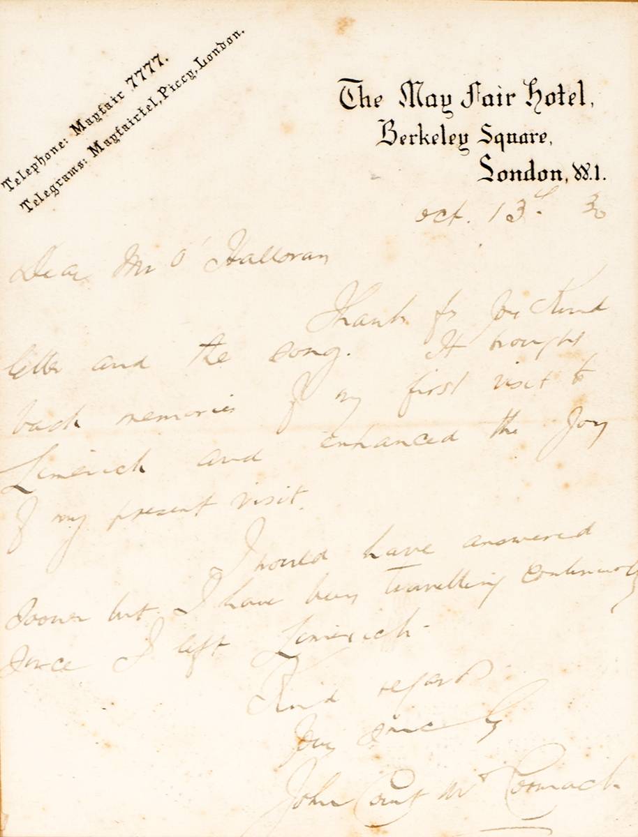 1930 (13 October) letter from John McCormack. at Whyte's Auctions