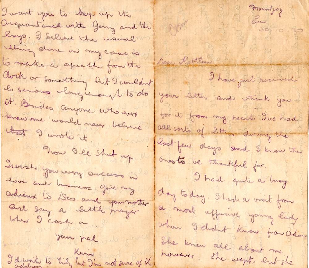 1920 (31 October) Kevin Barry's last letter, written to Kathleen Carney. at Whyte's Auctions