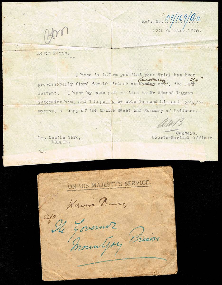 1920 (12 October) letter from Courts-Martial Officer to Kevin Barry notifying him of the date of his trial - Wednesday 20 October. at Whyte's Auctions