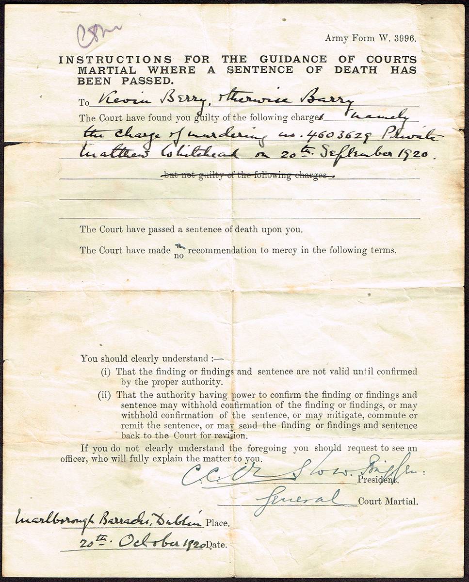 1920 (20 October) Official notice to Kevin Barry of his sentence of death. at Whyte's Auctions