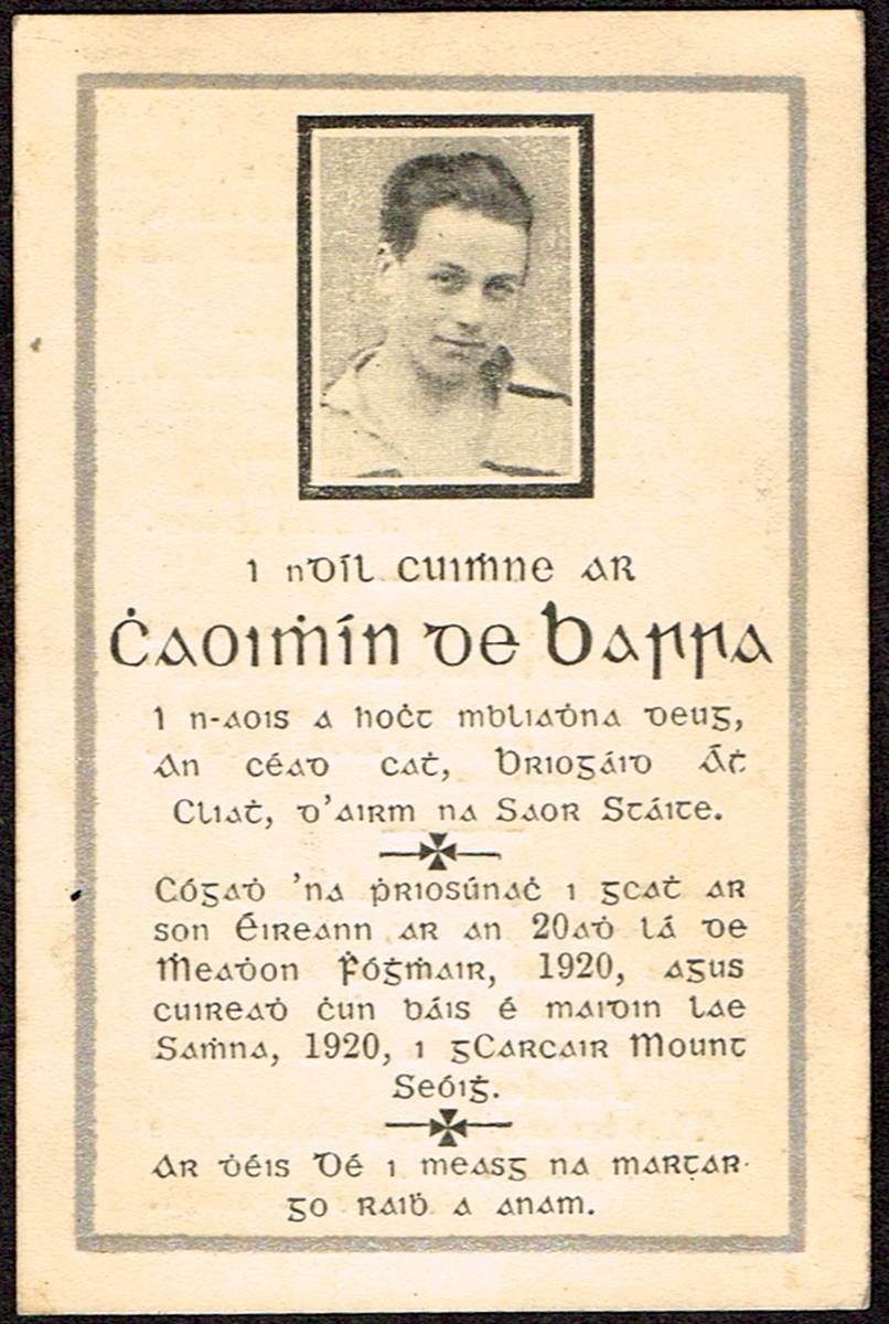 1920 (1 November). Kevin Barry In Memoriam card, Barry family issue. at Whyte's Auctions