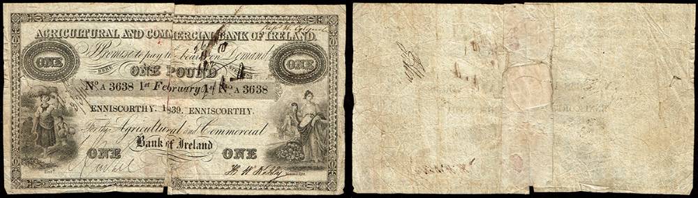 Agricultural and Commercial Bank of Ireland Enniscorthy One Pound, 1st February 1839 at Whyte's Auctions