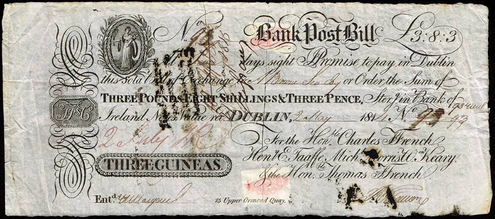 Ffrench's Bank, Dublin Bank Post Bill for Three Guineas, 2 May, 1814. at Whyte's Auctions