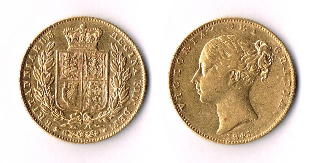 Victoria gold sovereign, 1845. at Whyte's Auctions