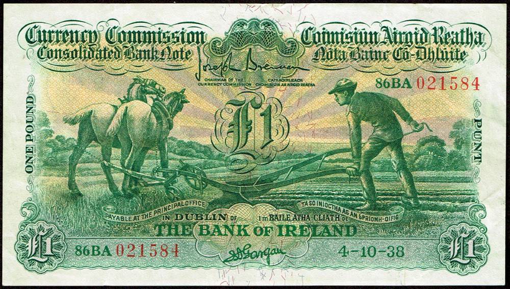 Currency Commission Consolidated Banknote 'Ploughman' Bank of Ireland One Pound, 4-10-38. at Whyte's Auctions