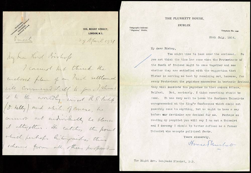 1914 (25 July) and 1921 (29 April) letters from Horace Plunkett to Bishop Benjamin Plunket, relating to the position of Ulster. at Whyte's Auctions