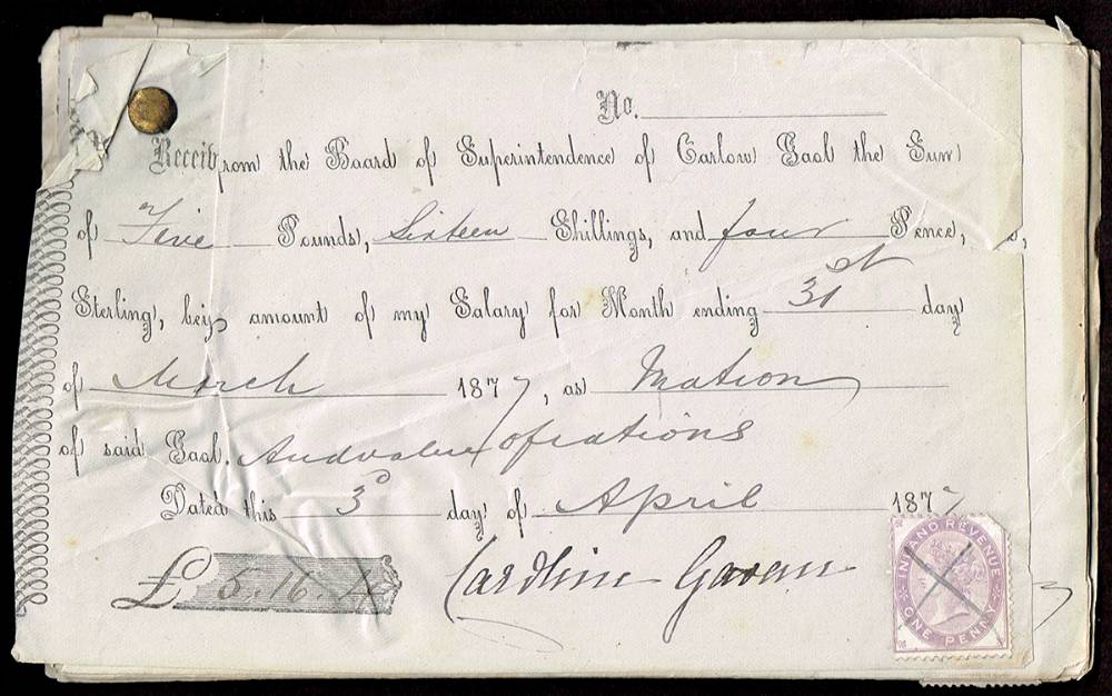Carlow Jail Receipts 1877. A large and fascinating collection ( 180 ) at Whyte's Auctions