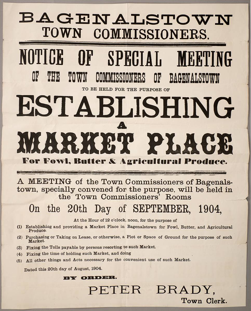 1904 poster detailing Special Meeting of Bagenalstown Town Commissioners for  the establishment of a Market Place at Whyte's Auctions