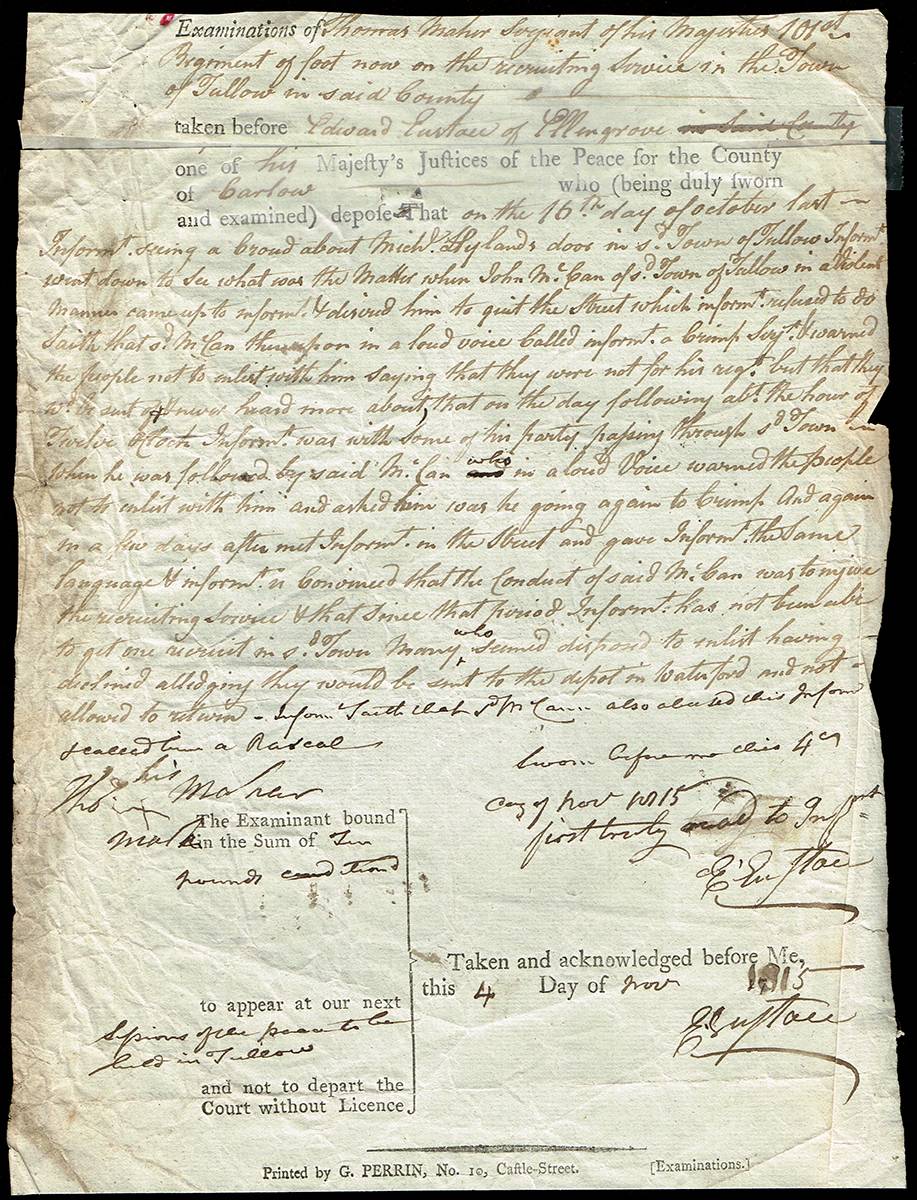 1815 Crimpimg in Carlow. Statement by Thomas Maher, 'Sergeant of his Majesty'.  (5) at Whyte's Auctions