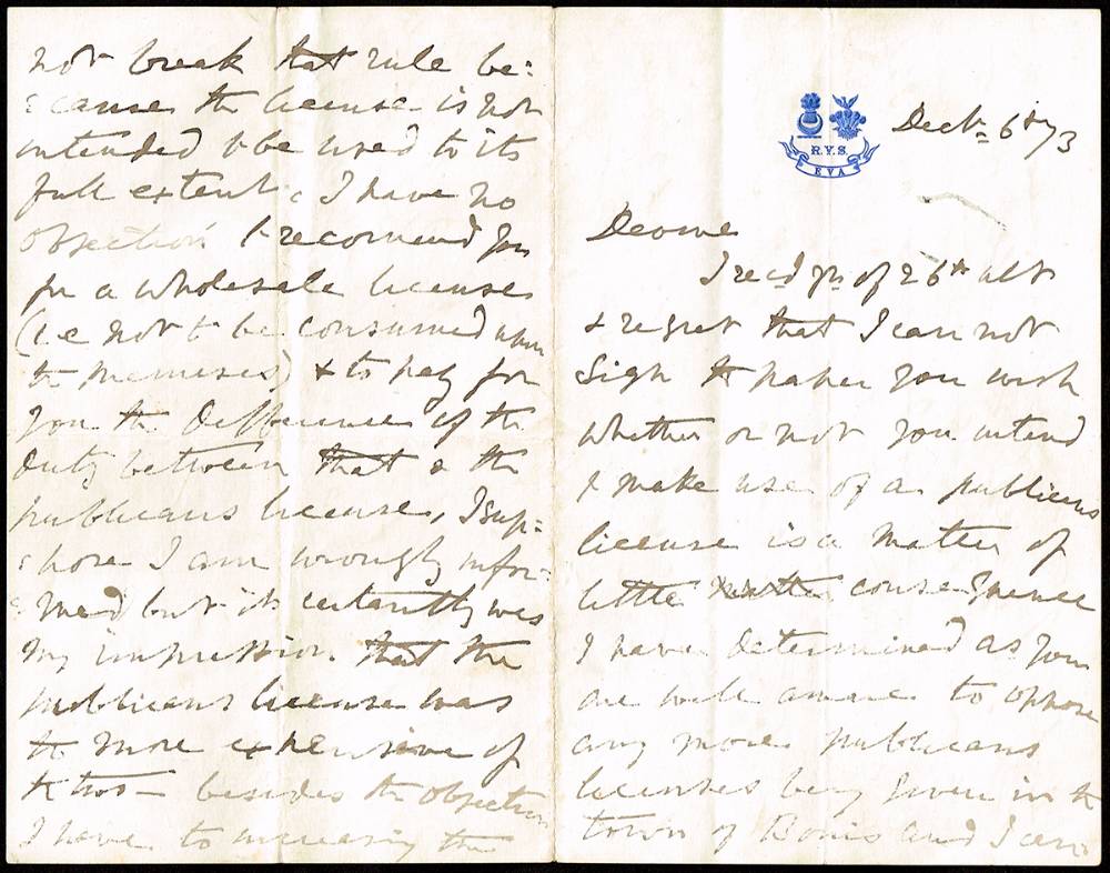 1873 (6 December) letter from Arthur MacMurrough MP, the famous limbless man concerning licences for pubs. at Whyte's Auctions