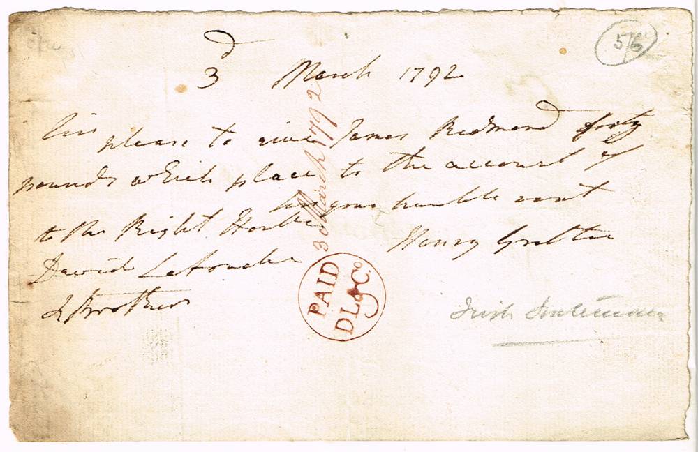 1792 (3 March) a cheque signed by Henry Grattan and a letter from his son, Henry Grattan Junior. at Whyte's Auctions