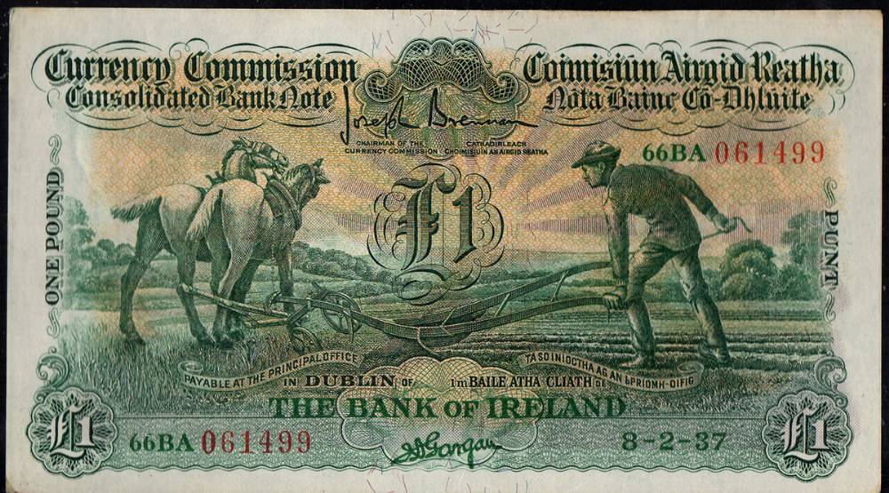 Currency Commission 'Ploughman', Bank of Ireland, One Pound, 8-2-37 at Whyte's Auctions